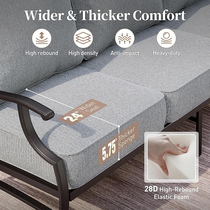 6 Piece Metal Outdoor Patio Furniture Set, Patio Conversation Sets 1 3-Seater Sofa, 2 Swivel Chair, 2 Leg Chair with 5.75" Thick Cushion and Coffee Table, Backyard Furniture Set, Gray