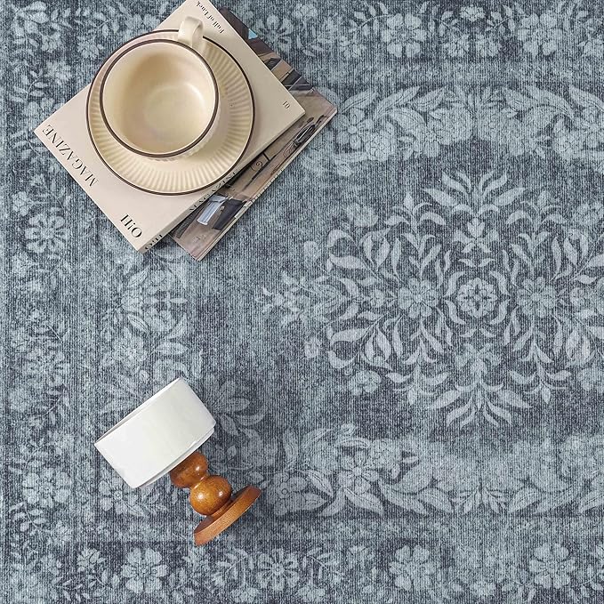 9x12 Area Rug Gray Washable Vintage Distressed Living Room Carpet Large Bedroom Indoor Medallion Floral Non Slip Retro Throw Floor Mat for Office Dining Room Kitchen Bathroom