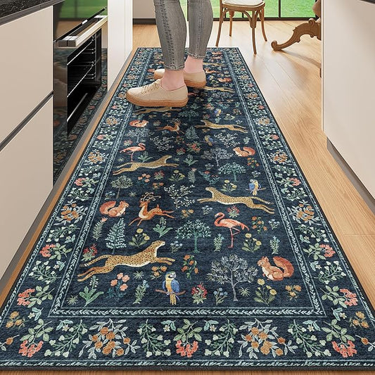 DUKINO 2x10 Rug for Hallway, Washable Kitchen Runner Rug with Non Slip Backing, Soft Low Pile Vintage Animal Runner for Bedroom, Kitchen, Hallway, Entryway, Laundry, Navy Blue