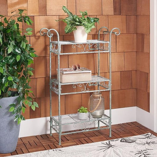 SAFAVIEH Outdoor Collection Noreen Victorian Scroll Antique Dark Green Wrought Iron 3-Tier Shelf