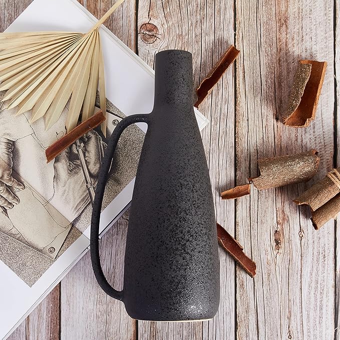 BlossoME Black Vases Home Decor, 13 Inch Tall with Handle, Matte Rustic Pottery Table Vessel, Large Jug Centerpiece, Living Room Modern Decor