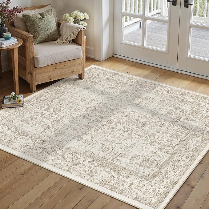 Light Brown Area Rug 4x6 Office Entryway Rug Machine Washable Kitchen Vintage Distressed Non Slip Carpet Indoor Retro Floral Accent Throw Door Mat for Bathroom Bedroom Dining Living Room