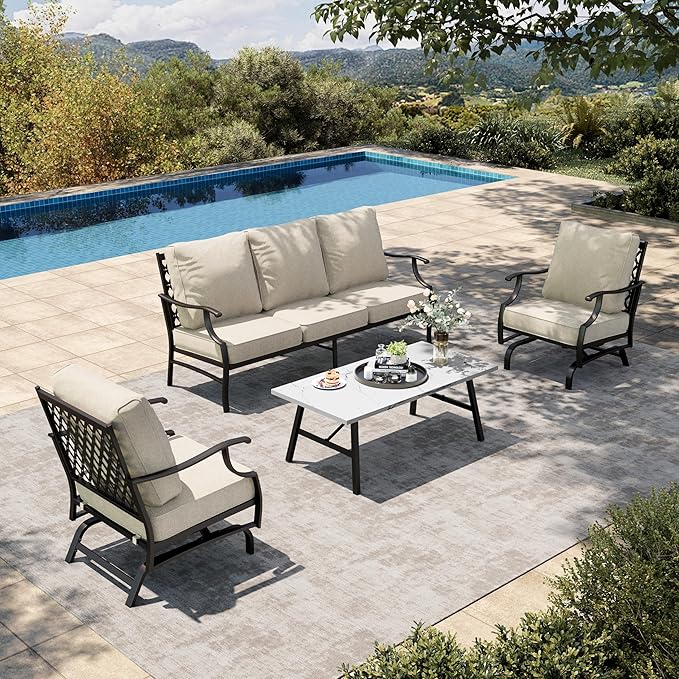 HERA'S HOUSE 4 Piece Patio Furniture Set, 2 x Rocking Metal Frame Cushioned Chair, 3-Seat Sofa with Marbling Coffee Table, All Weather Outdoor Conversation Set for Lawn Garden Backyard