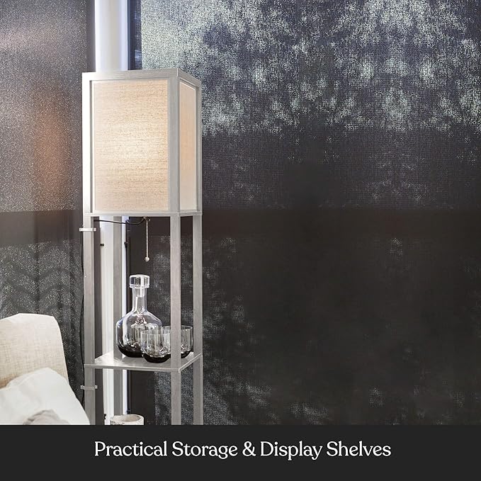 Brightech Maxwell - Modern Shelf Floor Lamp with Lamp Shade and LED Bulb - Coner Display Floor Lamps with Shelves for Living Room, Bedroom and Office - Rustic Wood