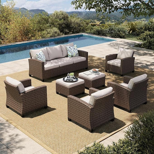HERA'S HOUSE Wicker Patio Furniture Set, 7 Pieces Outdoor Seating Furniture, Patio Conversation Sofa Sets with Ottomans for Backyard Lawn Deck, Beige