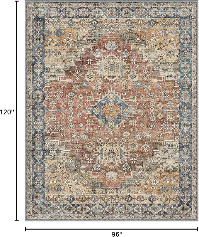 GENIMO 8x10 Area Rugs for Living Room, Machine Washable Non Slip Vintage Rugs, Low Pile Lightweight Chenille Print Rug for Bedroom, Dining Room, Home Office, Antique Red