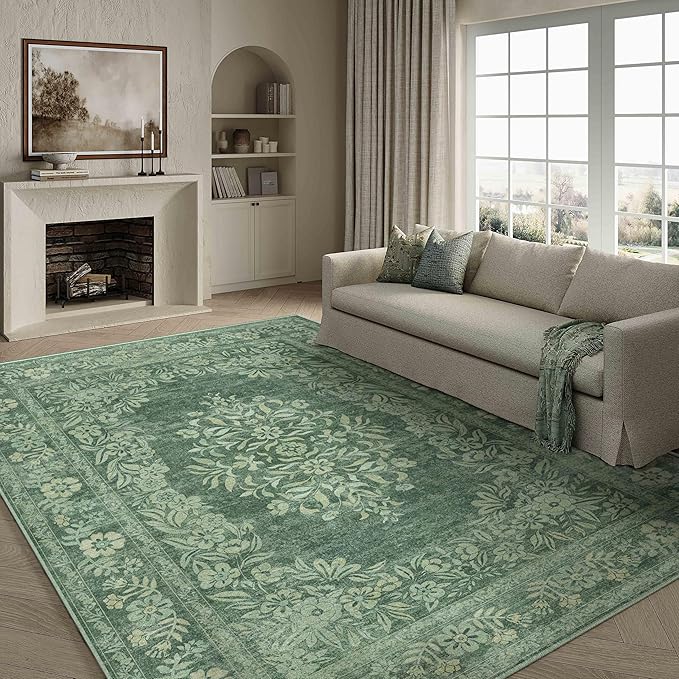 5x7 Area Rug Green Washable Vintage Distressed Living Room Carpet Large Bedroom Indoor Medallion Floral Non Slip Retro Throw Floor Mat for Office Dining Room Kitchen Bathroom