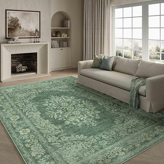 5x7 Area Rug Green Washable Vintage Distressed Living Room Carpet Large Bedroom Indoor Medallion Floral Non Slip Retro Throw Floor Mat for Office Dining Room Kitchen Bathroom