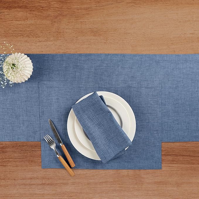 Solino Home Linen Table Runner 156 Inches Long - Athena, 100% Pure Linen Blue Denim Dining Table Runner 14 x 156 Inch for Christmas