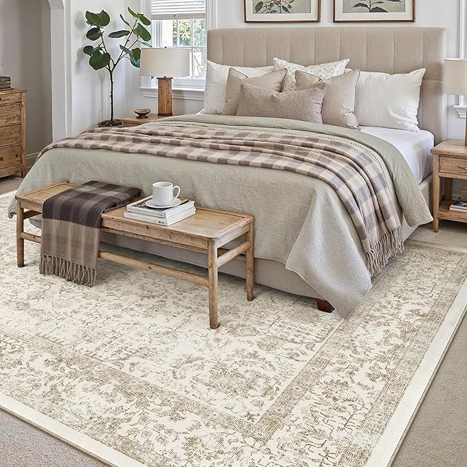 Light Brown Area Rug 8x10 Machine Washable Large Vintage Living Room Distressed Non Slip Carpet Traditional Indoor Bedroom Retro Floral Accent Throw Rug for Office Kitchen Dining Room