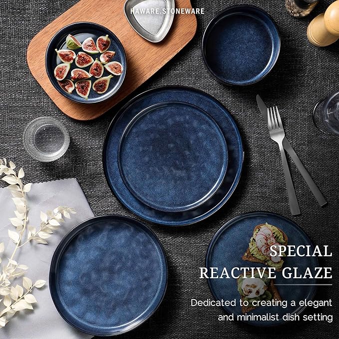HaWare Dinnerware Sets, 16-Piece Plates and Bowls Set, Stoneware Dish Set for 4, Ceramic Dishware Set for Pasta Cereal, Chip and Scratch Resistant, Microwave and Dishwasher Safe, Reactive Starry Blue