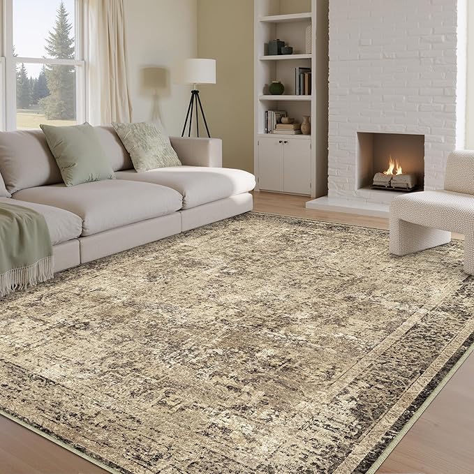 9x12 Area Rug Washable Vintage Neutral Living Room Carpet Large Indoor Non Slip Brown Bedroom Distressed Low Pile Retro Accent Throw Rug for Dining Room