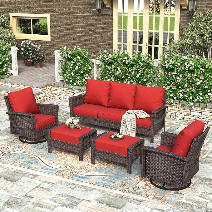 HERA'S HOUSE High Back Swivel Patio Furniture Set with 5.5" Thick Cushions, 5-Piece Oversized Outdoor Wicker Sectional Conversation Set with Ottomans for Garden Yard Porch, Red