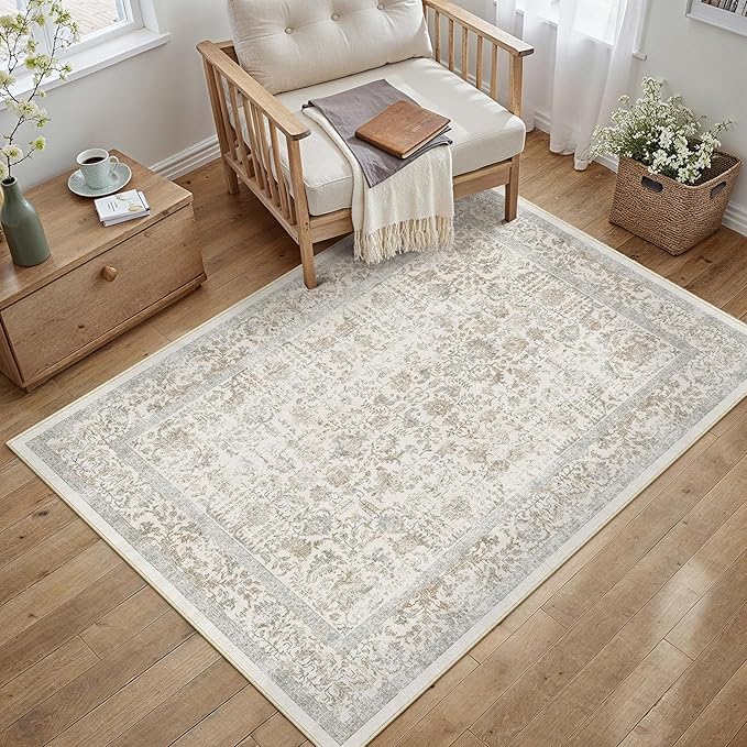Taupe Area Rug 3x4 Office Entryway Rug Machine Washable Kitchen Vintage Distressed Non Slip Carpet Indoor Retro Floral Accent Throw Door Mat for Bathroom Bedroom Dining Living Room