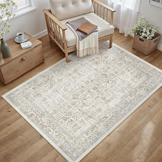 Taupe Area Rug 3x5 Office Entryway Rug Machine Washable Kitchen Vintage Distressed Non Slip Carpet Indoor Retro Floral Accent Throw Door Mat for Bathroom Bedroom Dining Living Room
