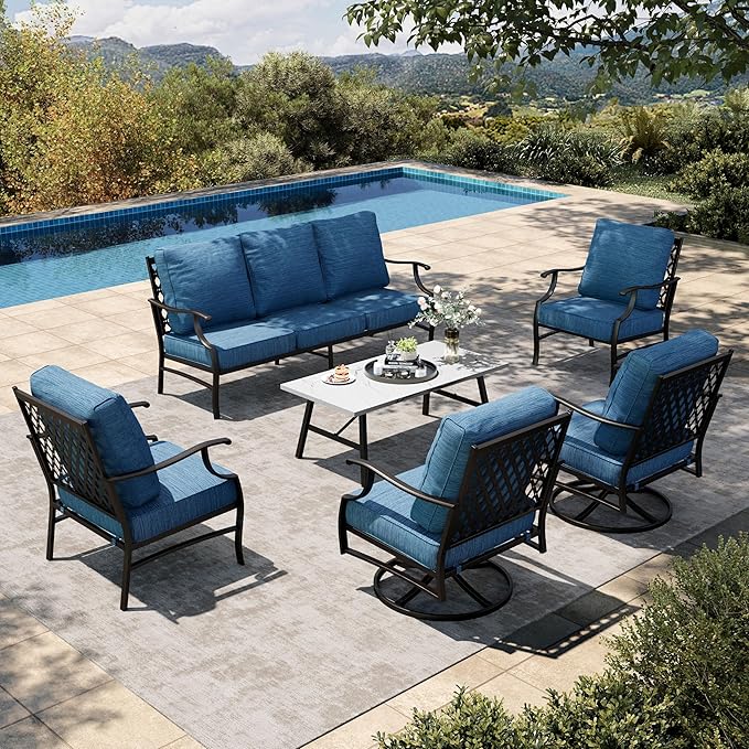 HERA'S HOUSE 6 Piece Patio Furniture Set, 2 x Swivel Chair, 2 x Fixed Chair, 1 x 3-Seat Sofa with Marbling Coffee Table, 7 Seats Outdoor Conversation Set for Lawn Garden Backyard, Pacific Blue