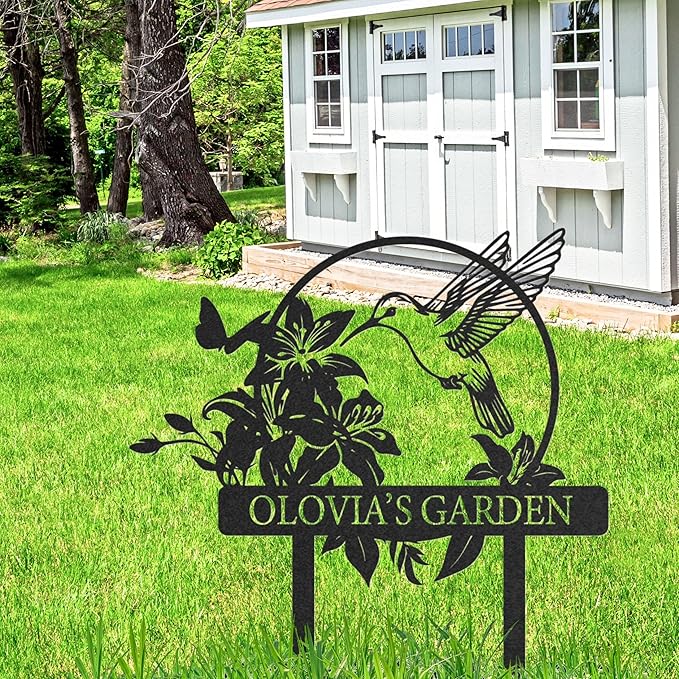 Personalized Metal Garden Sign, Custom Name Stake Decor, Hummingbird Yard Art, Outdoor Gardening Metal Decor, Home Garden Stake, Gifts for Gardeners