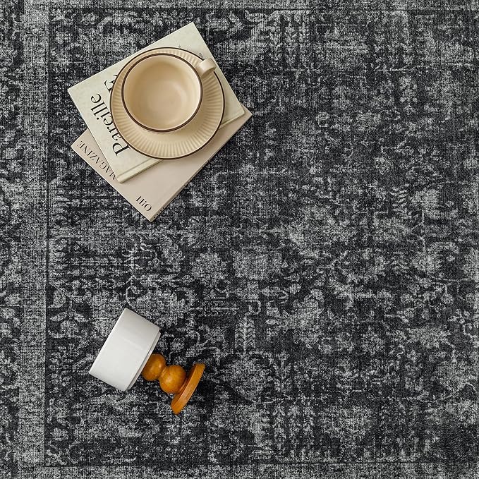 Dark Black Area Rug 8x10 Machine Washable Large Vintage Living Room Distressed Non Slip Carpet Traditional Indoor Bedroom Retro Floral Accent Throw Rug for Office Kitchen Dining Room