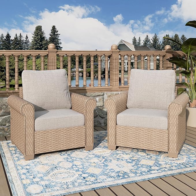 Patio Furniture Set 2 pcs, Wicker Outdoor Patio Furniture, 2 Single Chairs, Rattan Patio Conversation Set for Backyard Deck, Beige