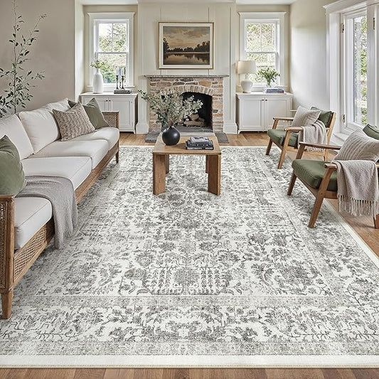 Black Area Rug 10x14 Machine Washable Large Vintage Living Room Distressed Non Slip Carpet Traditional Indoor Bedroom Grey Retro Floral Accent Throw Rug for Office Kitchen Dining Room