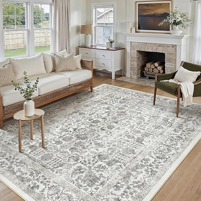 Black Area Rug 5x7 Machine Washable Vintage Living Room Distressed Non Slip Carpet Traditional Indoor Bedroom Retro Floral Accent Throw Large Rug Office Kitchen Bathroom Dining Room