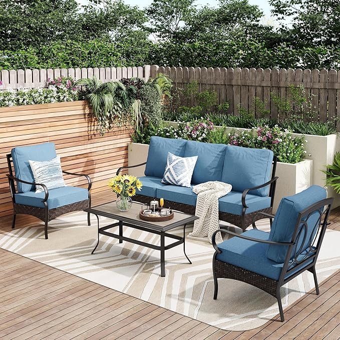 PHI VILLA Outdoor Modern Patio Furniture Set, Upgraded Wicker&Metal Patio Furniture Conversation Set with Waterproof Thick Cushions for Porch, Poolside, Deck, and Yard (4 Pieces,Navy)