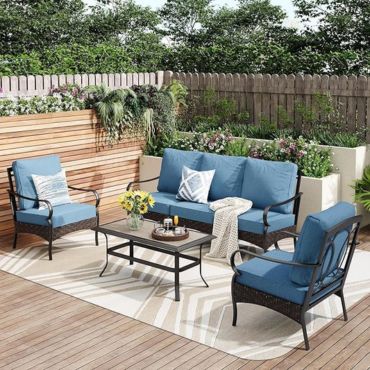 PHI VILLA Outdoor Modern Patio Furniture Set, Upgraded Wicker&Metal Patio Furniture Conversation Set with Waterproof Thick Cushions for Porch, Poolside, Deck, and Yard (4 Pieces,Navy)
