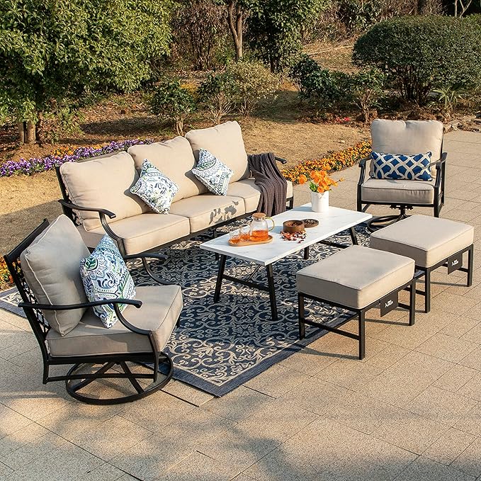 HERA'S HOUSE 6 Piece Patio Furniture Set, 2 x Swivel Cushioned Chair, 2 x Cushioned Ottoman, 1 x 3-Seat Sofa with Marbling Coffee Table, Outdoor Conversation Set for Lawn Garden Backyard