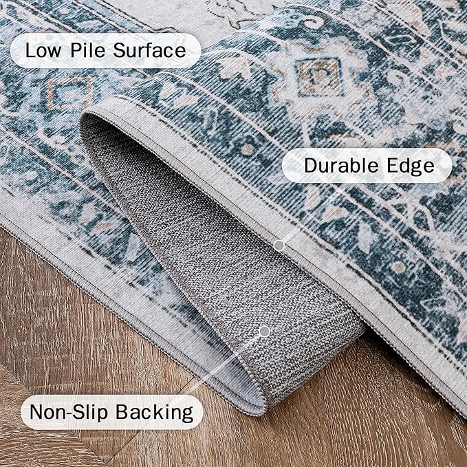 GENIMO 4x6 Area Rugs for Living Room, Machine Washable Rug, Non Slip Vintage Rugs, Low Pile Lightweight Chenille Print Rug for Bedroom, Dining Room, Home Office, Blue