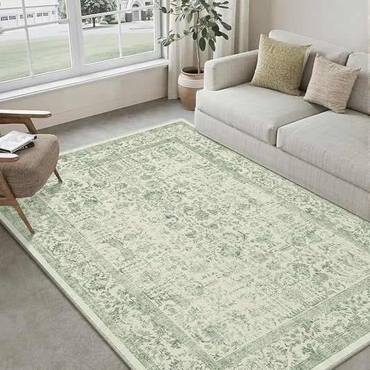 Sage Green Area Rug 6x9 Living Room Washable Carpet Vintage Distressed Non Slip Bedroom Carpet Neutral Low Pile Retro Floral Farmhouse Large Rug Home Office Dining Room Playroom