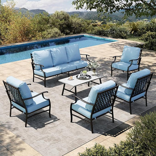 HERA'S HOUSE 6 Piece Patio Furniture Set, 4 x Fixed Metal Cushioned Chair, 1 x 3-Seat Sofa with Marbling Coffee Table, All Weather Outdoor Conversation Set for Lawn Garden Backyard, Blue