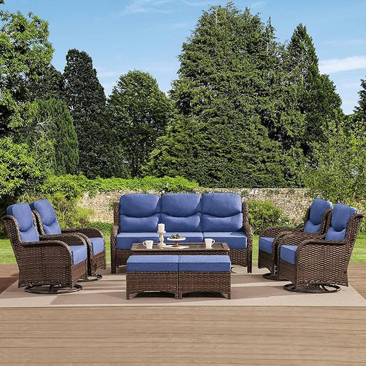 HILLGA Luxury High Back Patio Furniture Set with 6-Inch Thick Cushion, 8-Piece Outdoor Conversation Set with Sofa, Swivel Rocker Chairs & Ottomans, Ideal for Porch Pool Deck Yard (Blue)