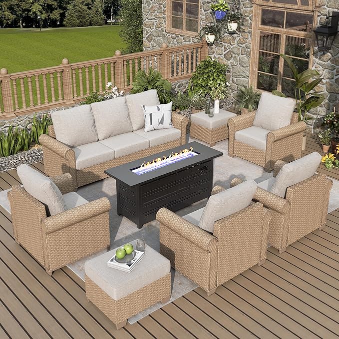 Patio Furniture Set 8 pcs, Wicker Outdoor Patio Furniture, 3-Seat Sofa, 4 Single Chairs, 2 Ottomans and 56" Gas Fire Pit Table, Rattan Patio Conversation Set for Backyard Deck, Beige