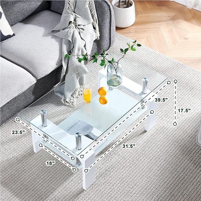 Living Room Rectangle Coffee Table, Tea Table Suitable for Waiting Room, Modern Side Coffee Table with Wooden Leg, Glass Tabletop with Lower Shelf, White 39.5 * 23.5 * 17.5