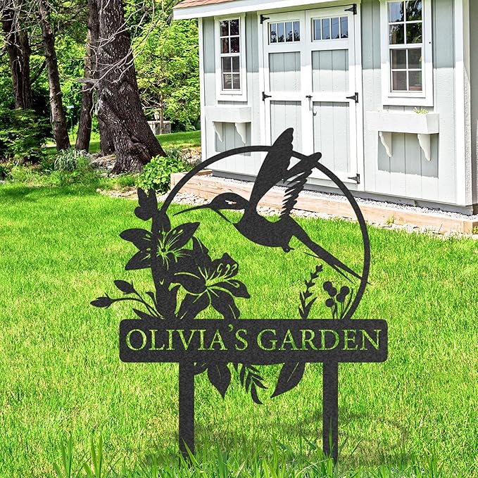 Custom Metal Garden Sign, Personalized Name Sign for Garden, Hummingbird Yard Decor, Outdoor Yard Stakes, Gifts for Plant Lovers
