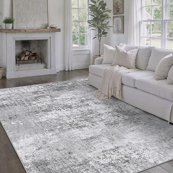 Washable Gray Area Rug 6x9 Modern Abstract Living Room Large Carpet Bedroom Grey Neutral Soft Throw Rug Low Pile Non Slip Indoor Contemporary Floor Cover for Dining Room Office