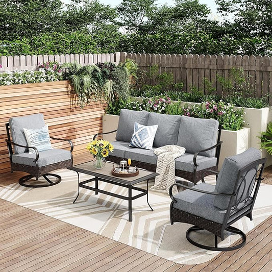 PHI VILLA Outdoor Modern Patio Furniture Set, Upgraded Wicker&Metal Patio Furniture Conversation Set with Waterproof Thick Cushions for Porch, Poolside, Deck, and Yard (4 Pieces,Grey)
