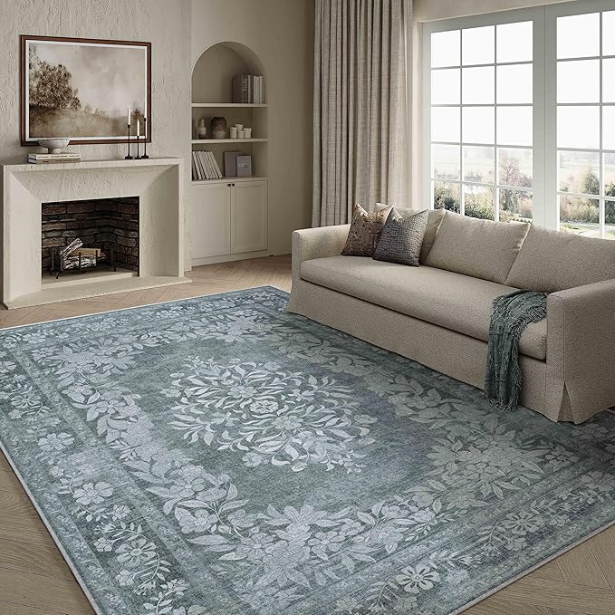 9x12 Area Rug Gray Washable Vintage Distressed Living Room Carpet Large Bedroom Indoor Medallion Floral Non Slip Retro Throw Floor Mat for Office Dining Room Kitchen Bathroom