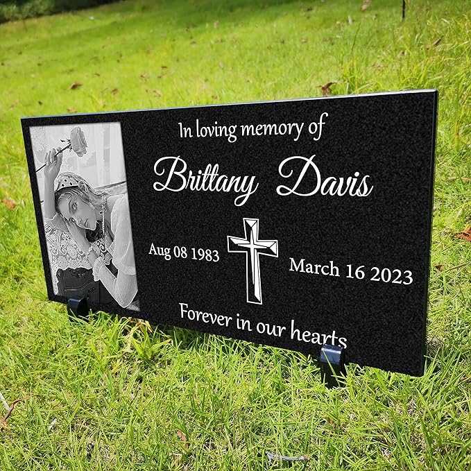 Personalized Headstone with Photo, Memorial Stone, Headstones for Graves, Grave Markers, Black Granite Garden Stone, Memorial Plaques for Outdoor, Grave Decoration for Cemetery (Picture left)