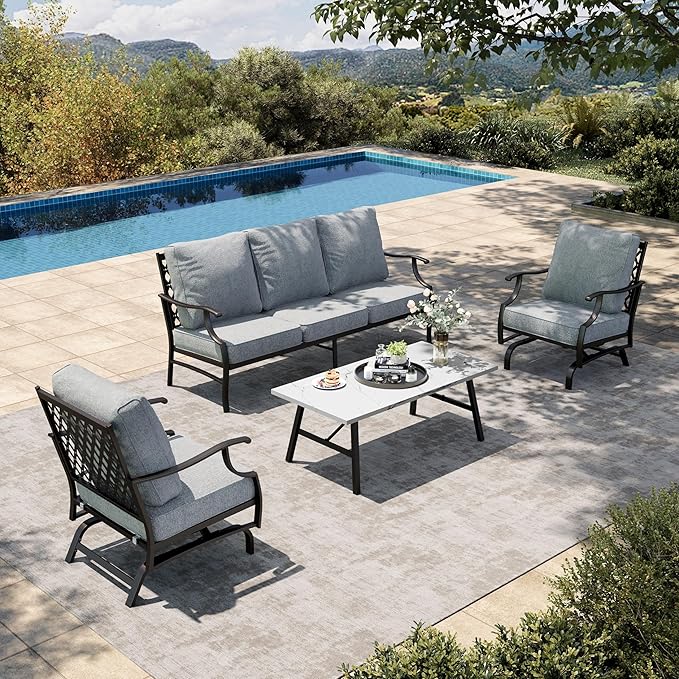 HERA'S HOUSE 4 Piece Patio Furniture Set, 2 x Rocking Metal Frame Cushioned Chair, 3-Seat Sofa with Marbling Coffee Table, All Weather Outdoor Conversation Set for Lawn Garden Backyard, Grey