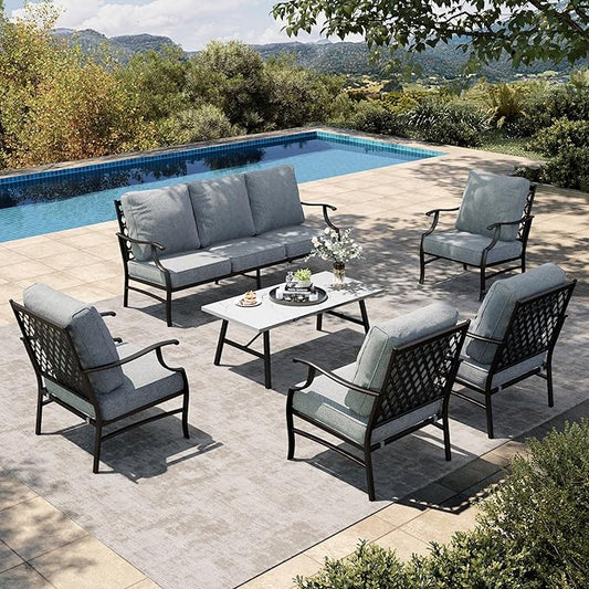 HERA'S HOUSE 6 Piece Patio Furniture Set, 4 x Fixed Metal Cushioned Chair, 1 x 3-Seat Sofa with Marbling Coffee Table, Outdoor Conversation Set for Lawn Garden Backyard Poolside, Grey