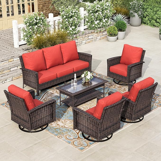 HERA'S HOUSE Red Patio Furniture Set, 35" High Back Swivel Chair with 5.5" Thick Cushions, Oversized Outdoor Wicker Conversation Set for Deck Garden Poolside Backyard Lawn