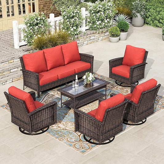 HERA'S HOUSE Red Patio Furniture Set, 35" High Back Swivel Chair with 5.5" Thick Cushions, Oversized Outdoor Wicker Conversation Set for Deck Garden Poolside Backyard Lawn