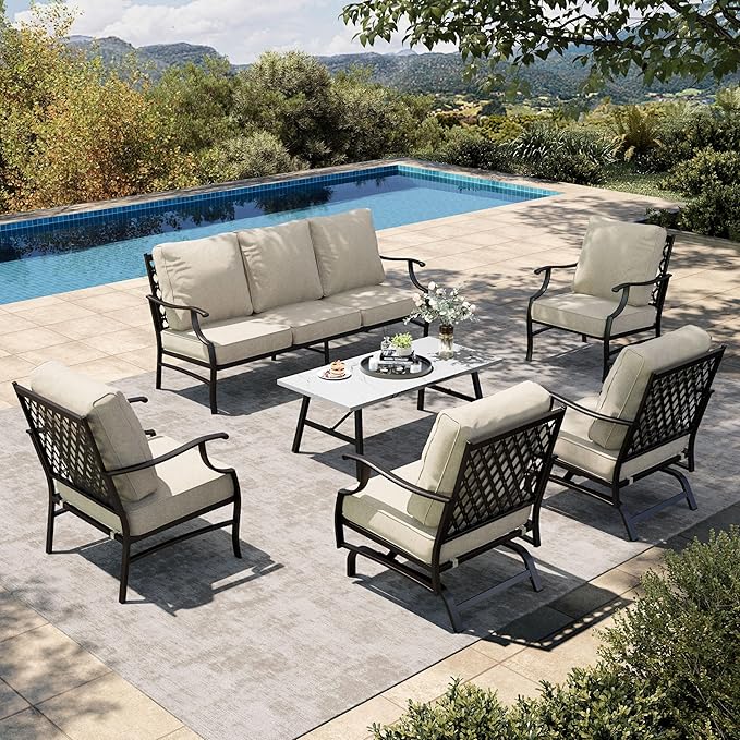 HERA'S HOUSE 6 Piece Patio Furniture Set, 2 x Rocking Chair, 2 x Fixed Chair, 1 x 3-Seat Sofa with Marbling Coffee Table, All Cushioned 7 Seats Outdoor Conversation Set for Lawn Garden Backyard