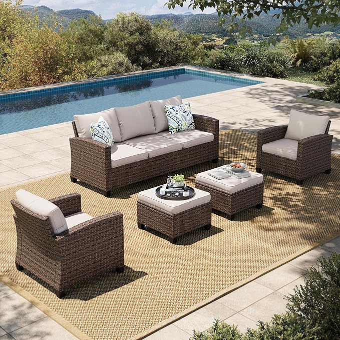 HERA'S HOUSE Patio Furniture Set, 5 Pieces Outdoor Wicker Furniture, All Weather Rattan Patio Conversation Set for Lawn Deck Backyard, Brown/Beige