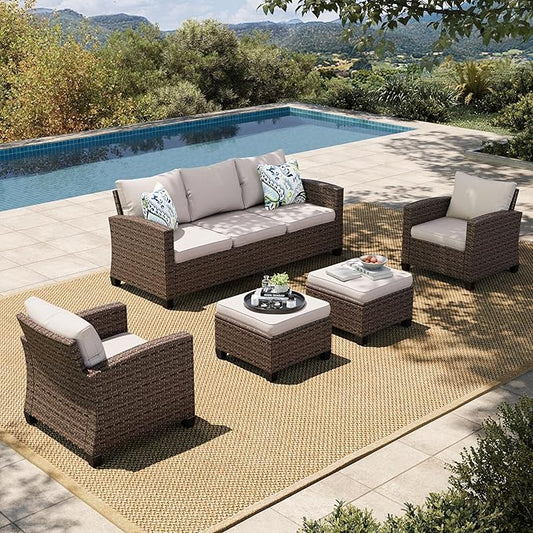 HERA'S HOUSE Patio Furniture Set, 5 Pieces Outdoor Wicker Furniture, All Weather Rattan Patio Conversation Set for Lawn Deck Backyard, Brown/Beige