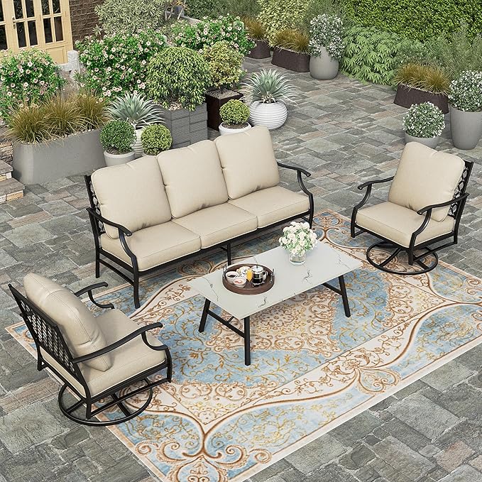 HERA'S HOUSE 4 Piece Patio Furniture Set, 2 x Swivel Cushioned Chair, 3-Seat Sofa with Marbling Coffee Table, All Weather Outdoor Conversation Set for Lawn Garden Backyard