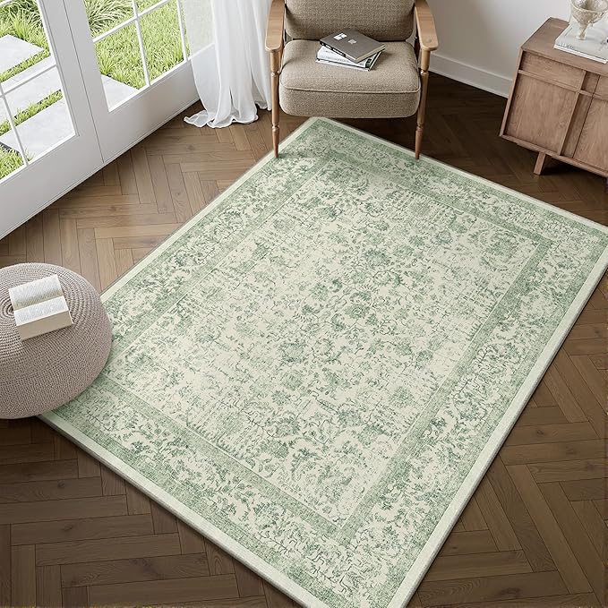 Sage Green Area Rug 3x4 Washable Office Entryway Carpet Vintage Distressed Non Slip Kitchen Indoor Entry Neutral Low Pile Retro Floral Farmhouse Throw Mat for Laundry Dining Room Bedroom