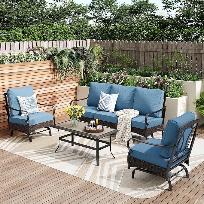 PHI VILLA Outdoor Modern Patio Furniture Set, Upgraded Wicker&Metal Patio Furniture Conversation Set with Waterproof Thick Cushions for Porch, Poolside, Deck, and Yard (4 Pieces,Navy)