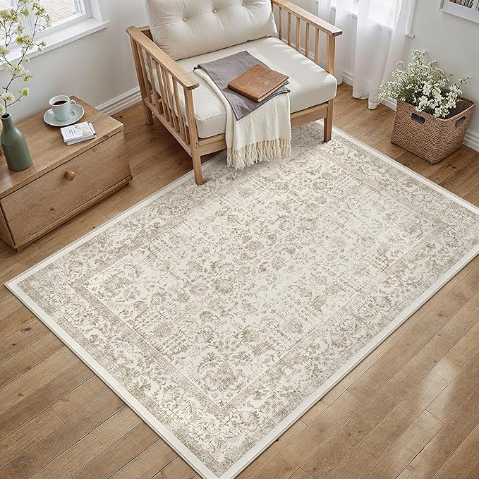 Light Brown Area Rug 4x6 Office Entryway Rug Machine Washable Kitchen Vintage Distressed Non Slip Carpet Indoor Retro Floral Accent Throw Door Mat for Bathroom Bedroom Dining Living Room